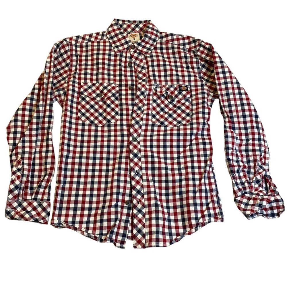 Dickies Mens Shirt Small Long Sleeve Plaid Button Up Classic Casual Red Navy